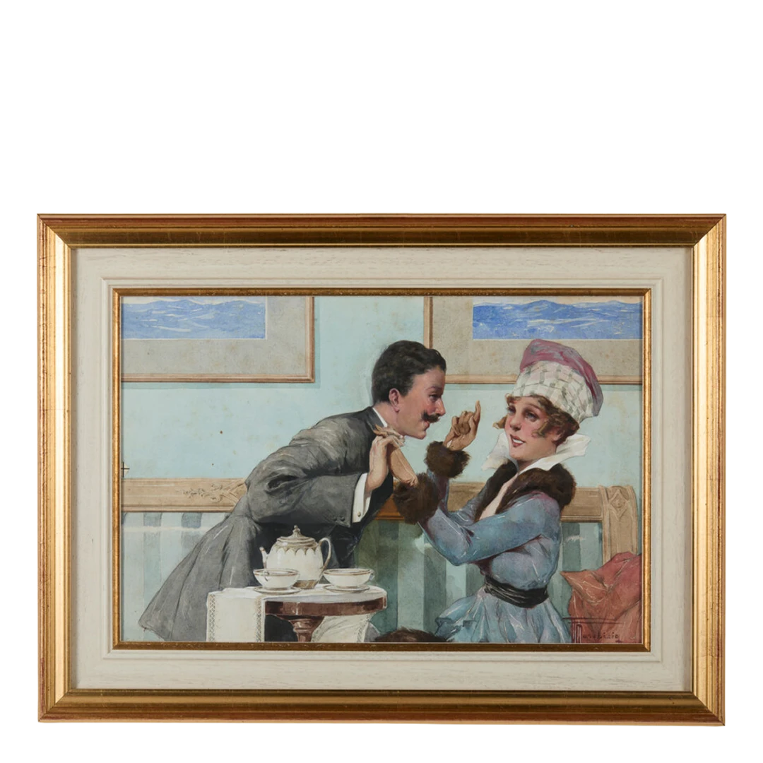 1905 Andrea Marchisio : Italian mixed media domestic courting scene