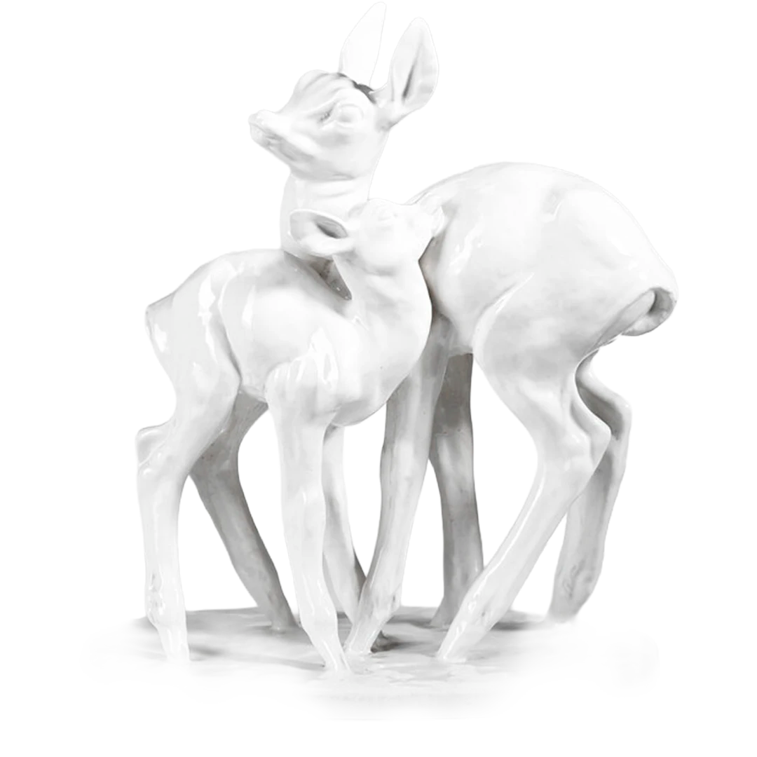 1935 Fosco Martini : white glazed ceramic two doe sculpture, Italy