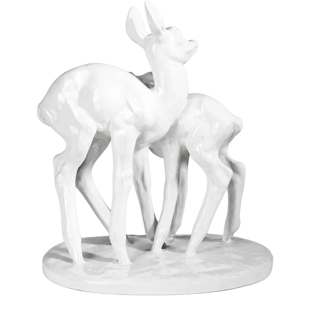 1935 Fosco Martini : white glazed ceramic two doe sculpture, Italy