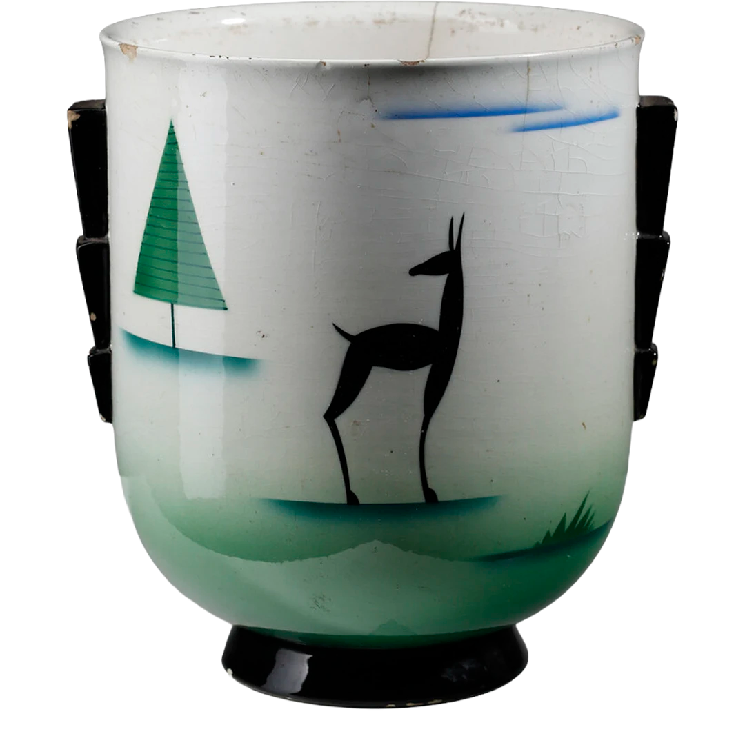 1930s Galvina Italy : glazed & airbrush earthenware vase w/antilope