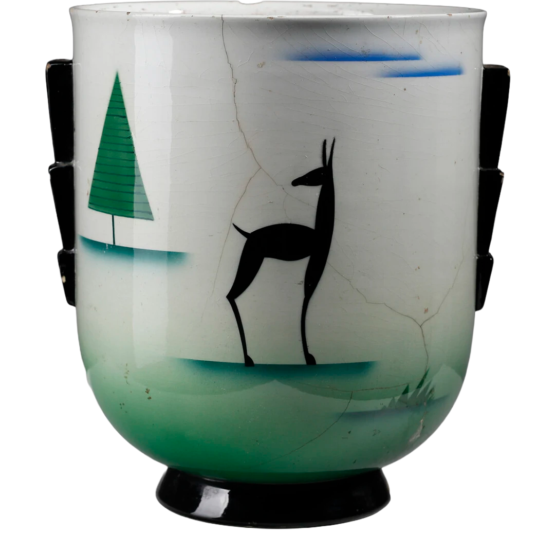 1930s Galvina Italy : glazed & airbrush earthenware vase w/antilope