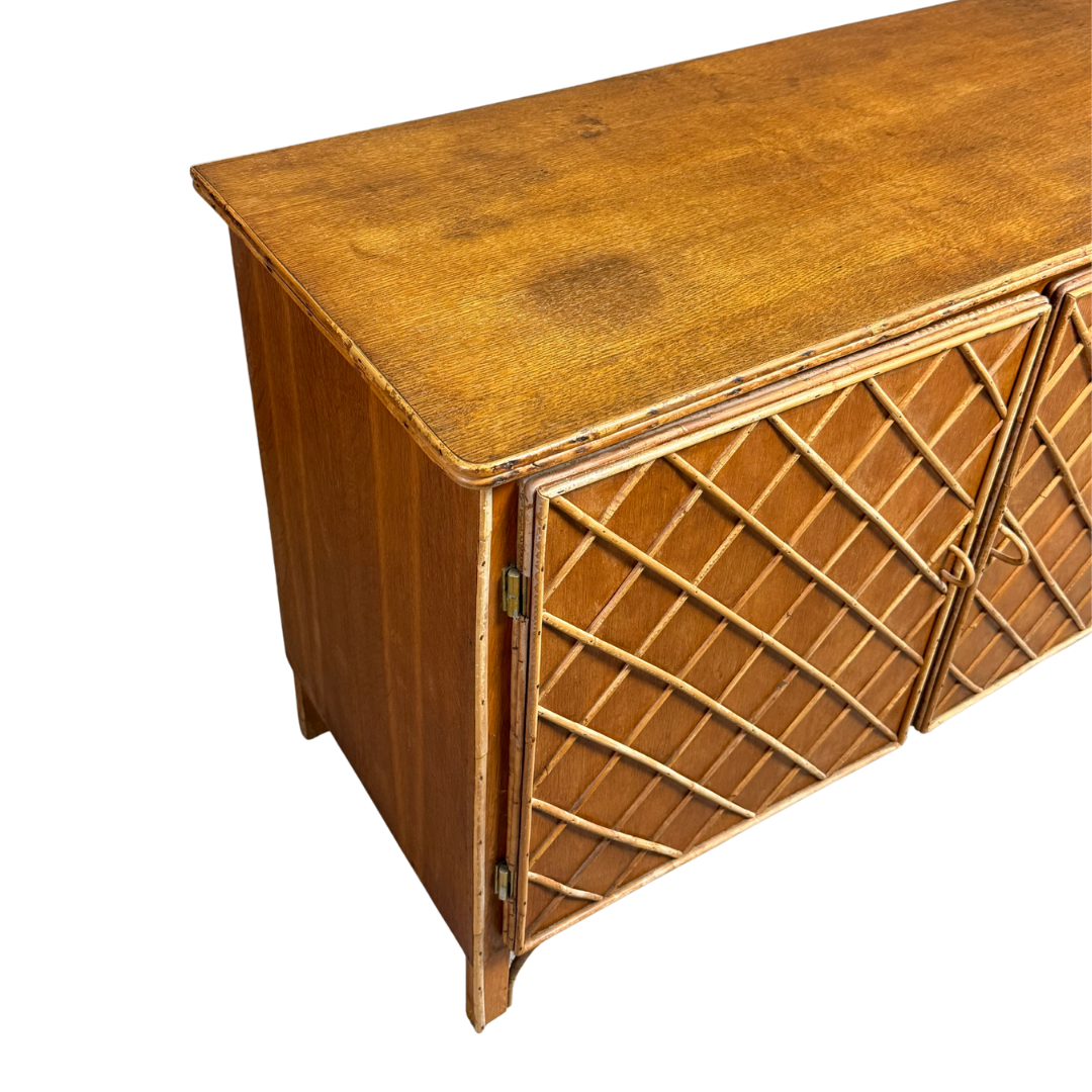 1950s French : quarter sewn oak cabinet with lattice bamboo