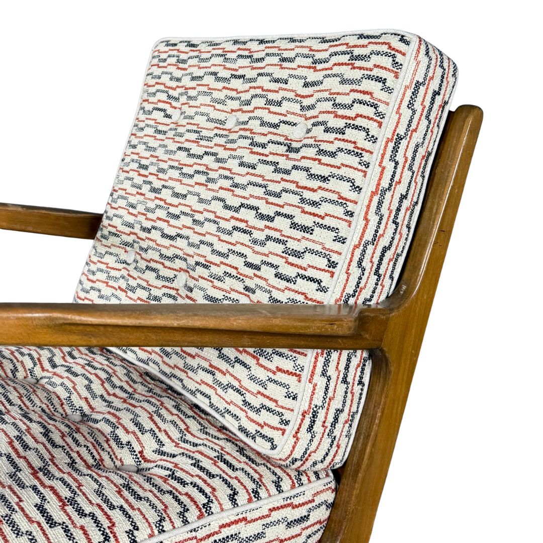 1950s Danish Design : solid beechwood armchair w/ new Schumacher fabric