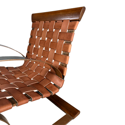 1980s Post Modern : steel, leather and wood cantilever spring chair