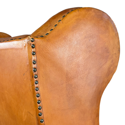 1950 Danish : cognac leather English style wingback clubchair