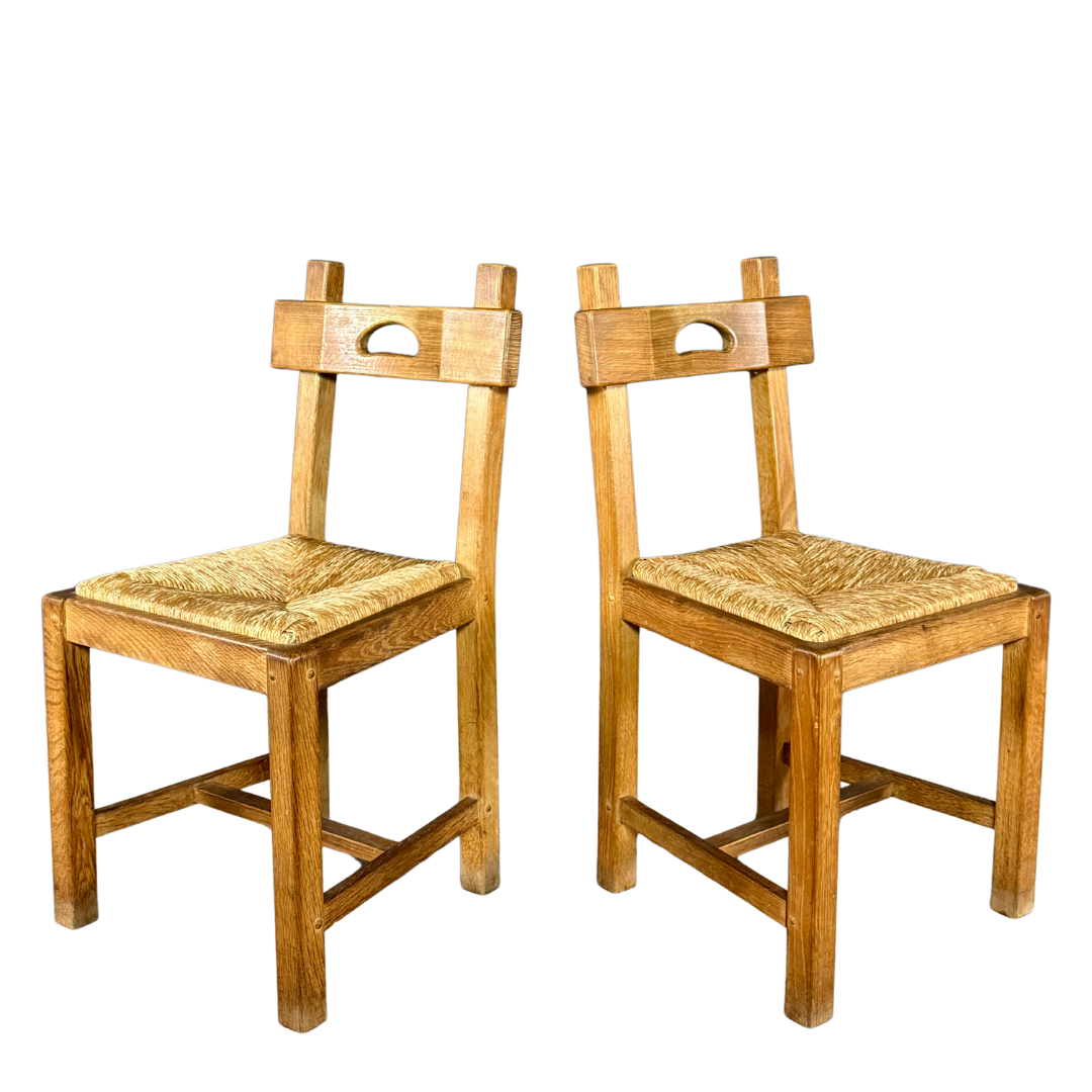 1940s French : set six French provincial oak & natural rush dining chairs