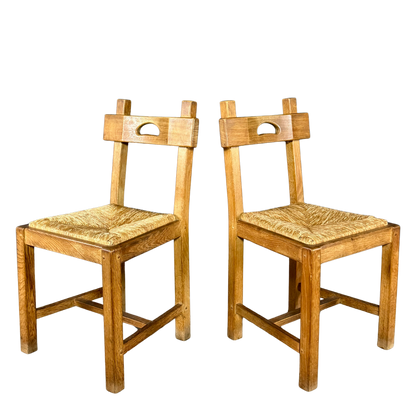 1940s French : set six French provincial oak & natural rush dining chairs
