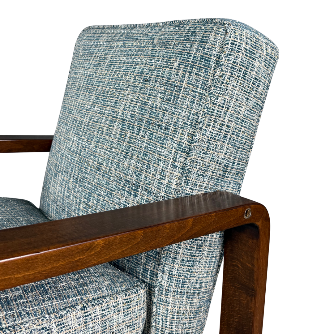1930s Bauhaus : Czech figured walnut armchairs, w/ Harris Tweed