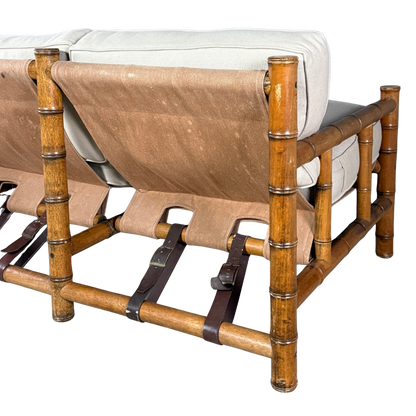 1970s Italian : faux bamboo, canvas sling 3-seat safari sofa