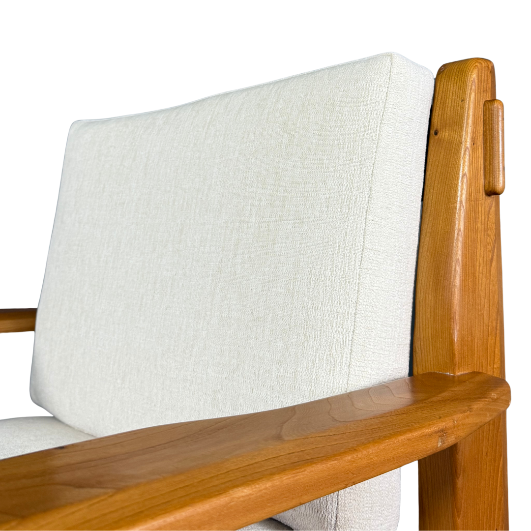1970s French : solid oakwood lounge chair, visible joinery, new upholstery