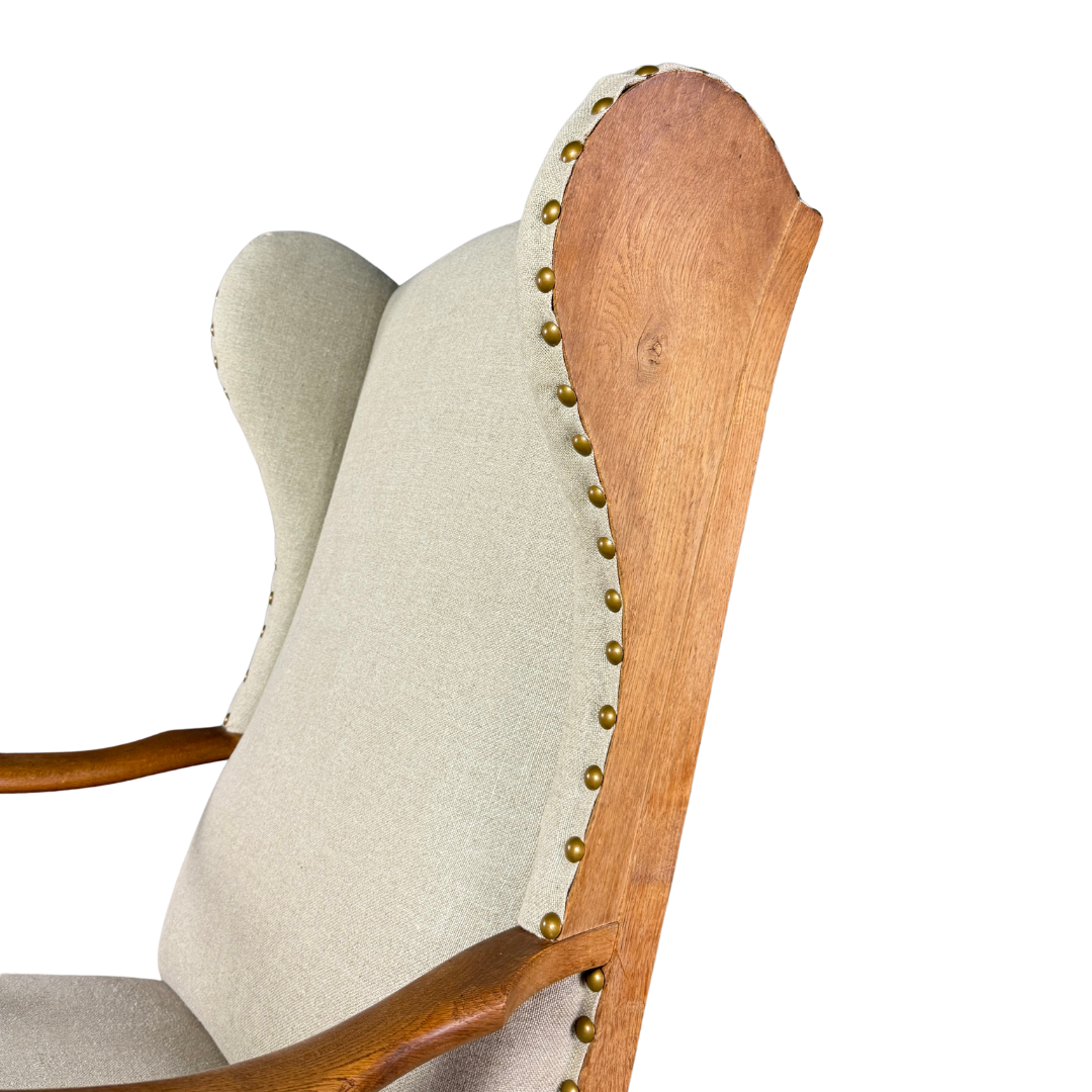 1940s Danish : solid oakwood tall wingback armchair w/ new upholstery