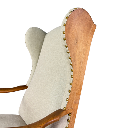 1940s Danish : solid oakwood tall wingback armchair w/ new upholstery