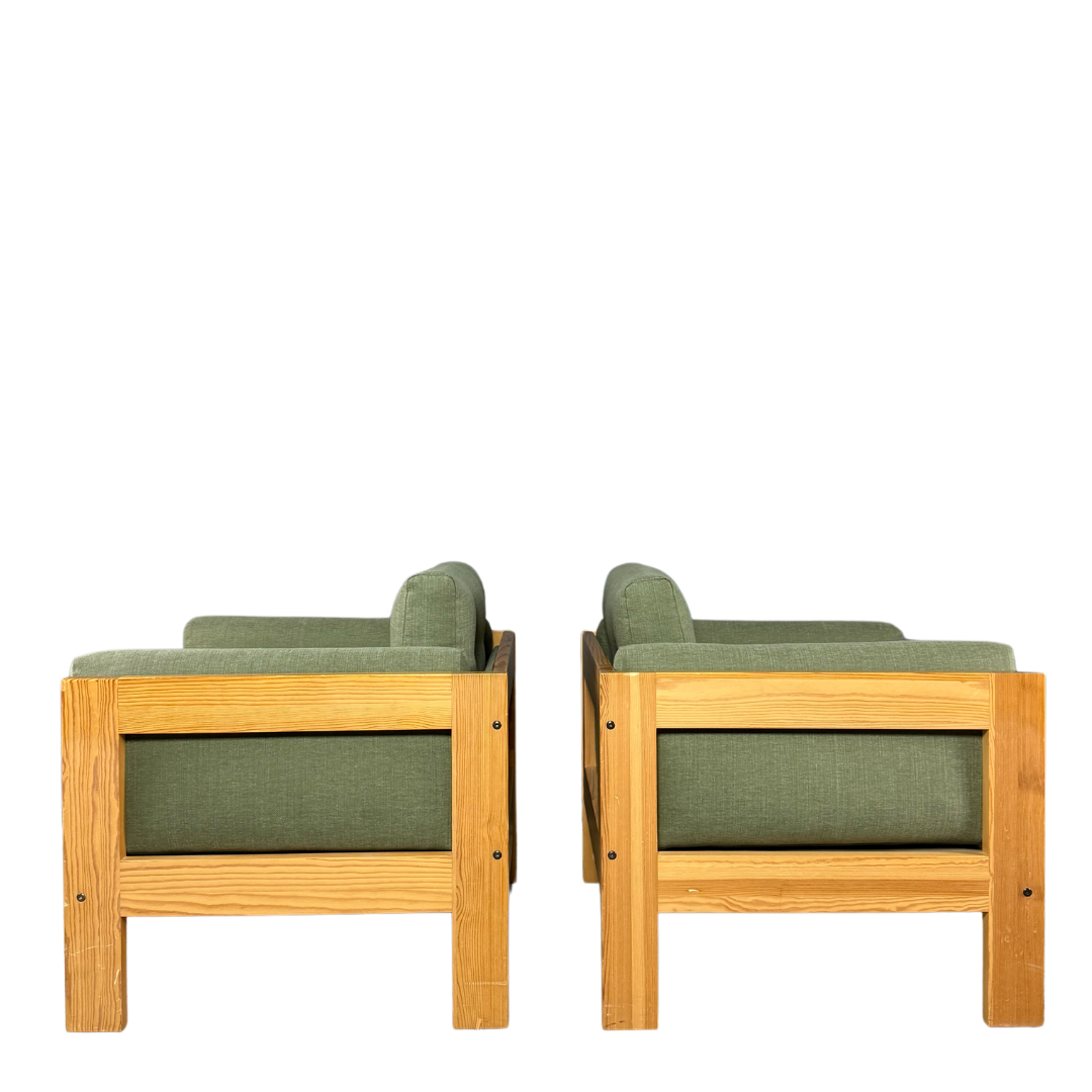 Pair 1980s European : solid pinewood square-frame armchairs