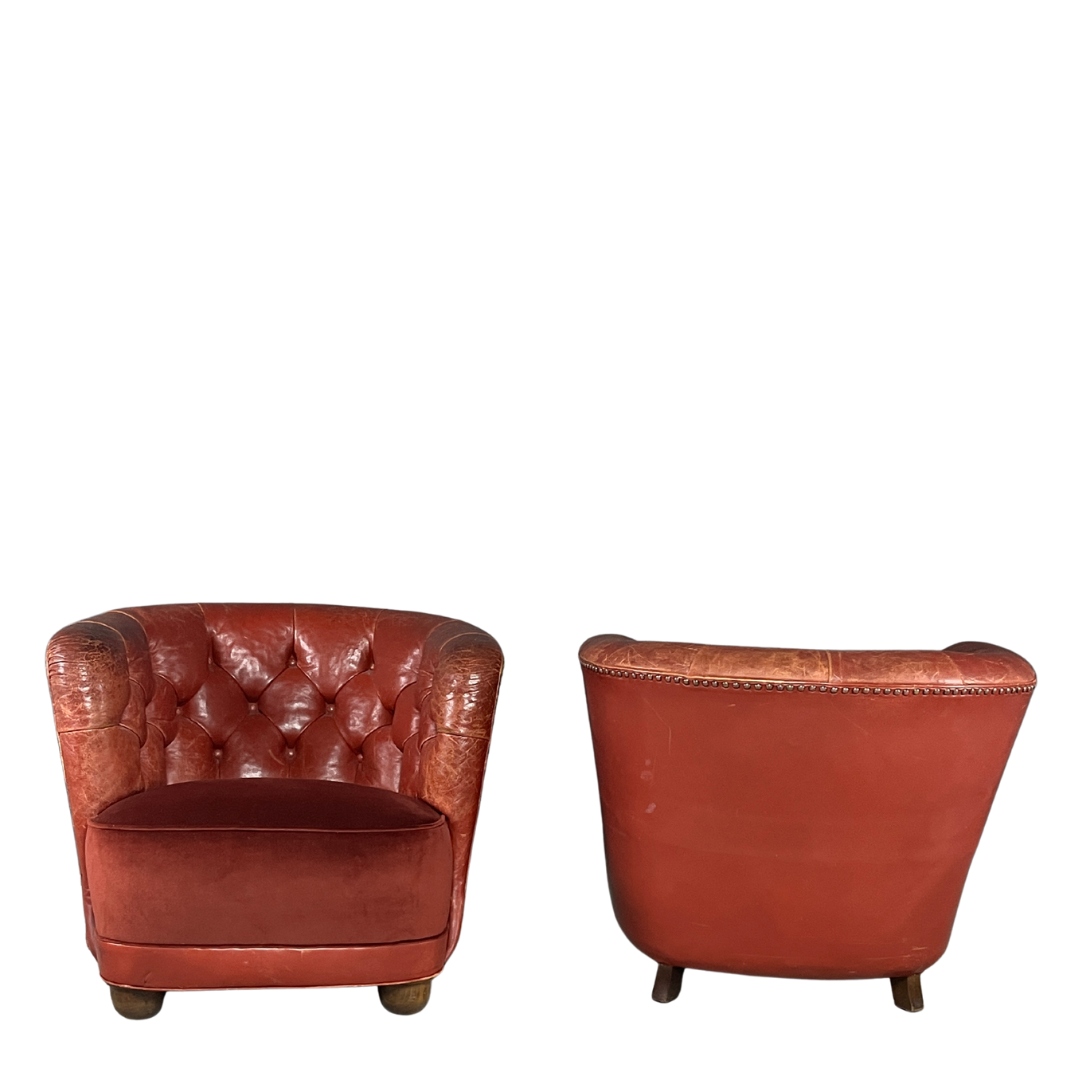 1930s Danish : pair of exceptional leather tufted club chairs