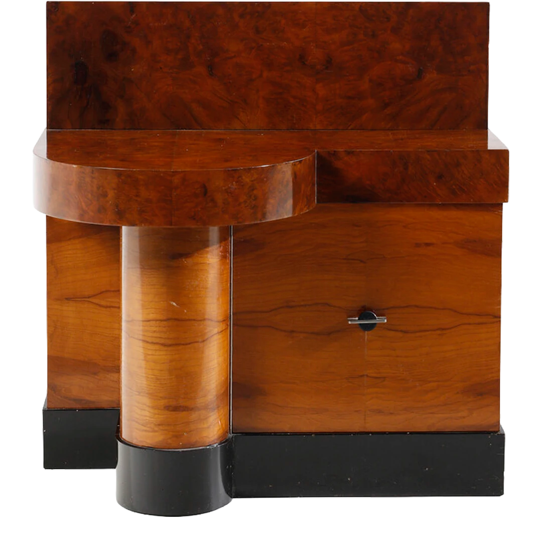 Late 1930s Italian : walnut burl and olive wood console/bar cabinet