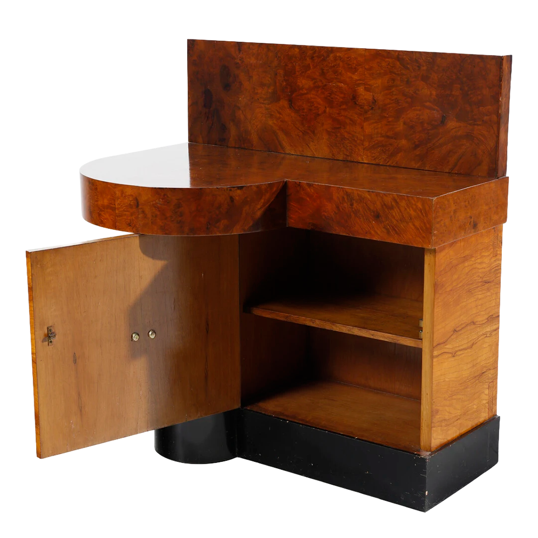 Late 1930s Italian : walnut burl and olive wood console/bar cabinet