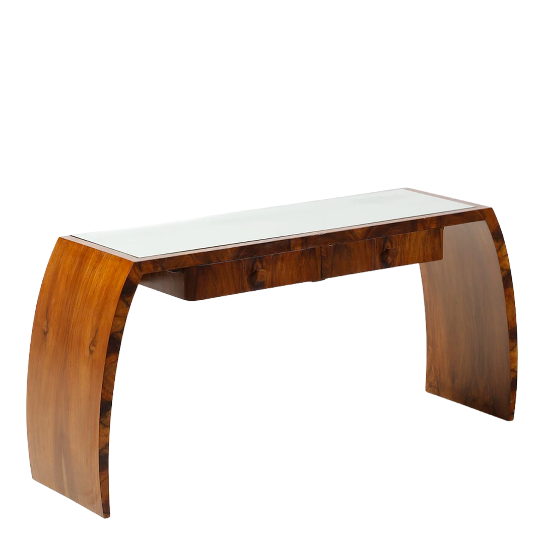 1940s Italian : low waterfall console in figured walnut and mirror