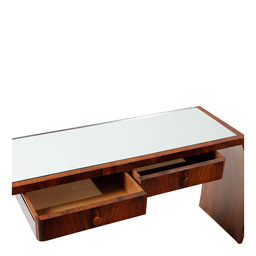 1940s Italian : low waterfall console in figured walnut and mirror