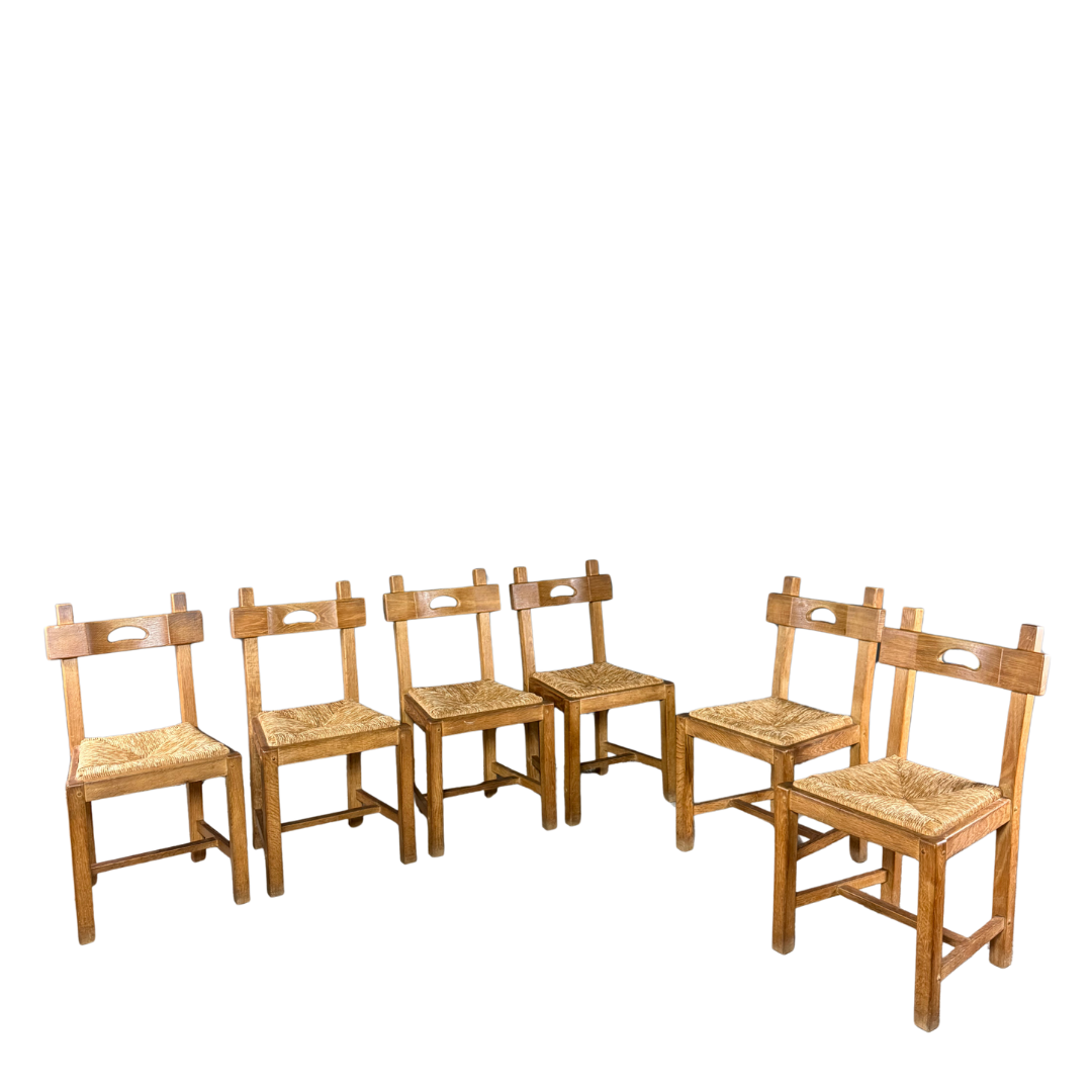 1940s French : set six French provincial oak & natural rush dining chairs