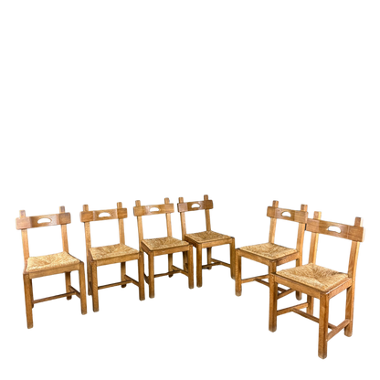 1940s French : set six French provincial oak & natural rush dining chairs