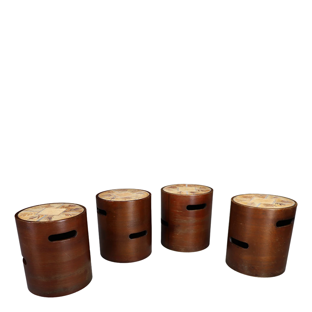 1960s Raymonde Leduc : bentwood cylinder stools w/ceramic tiles, France