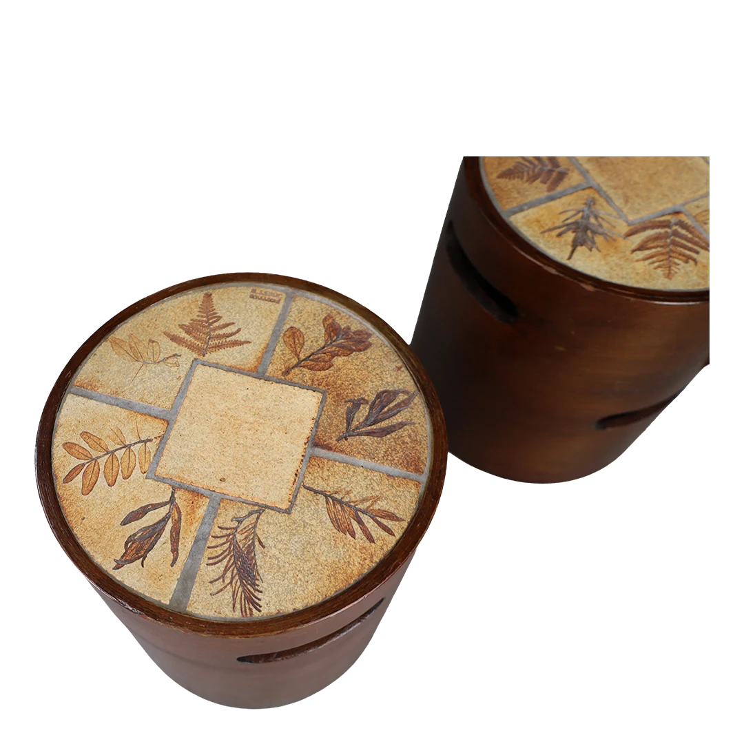 1960s Raymonde Leduc : bentwood cylinder stools w/ceramic tiles, France