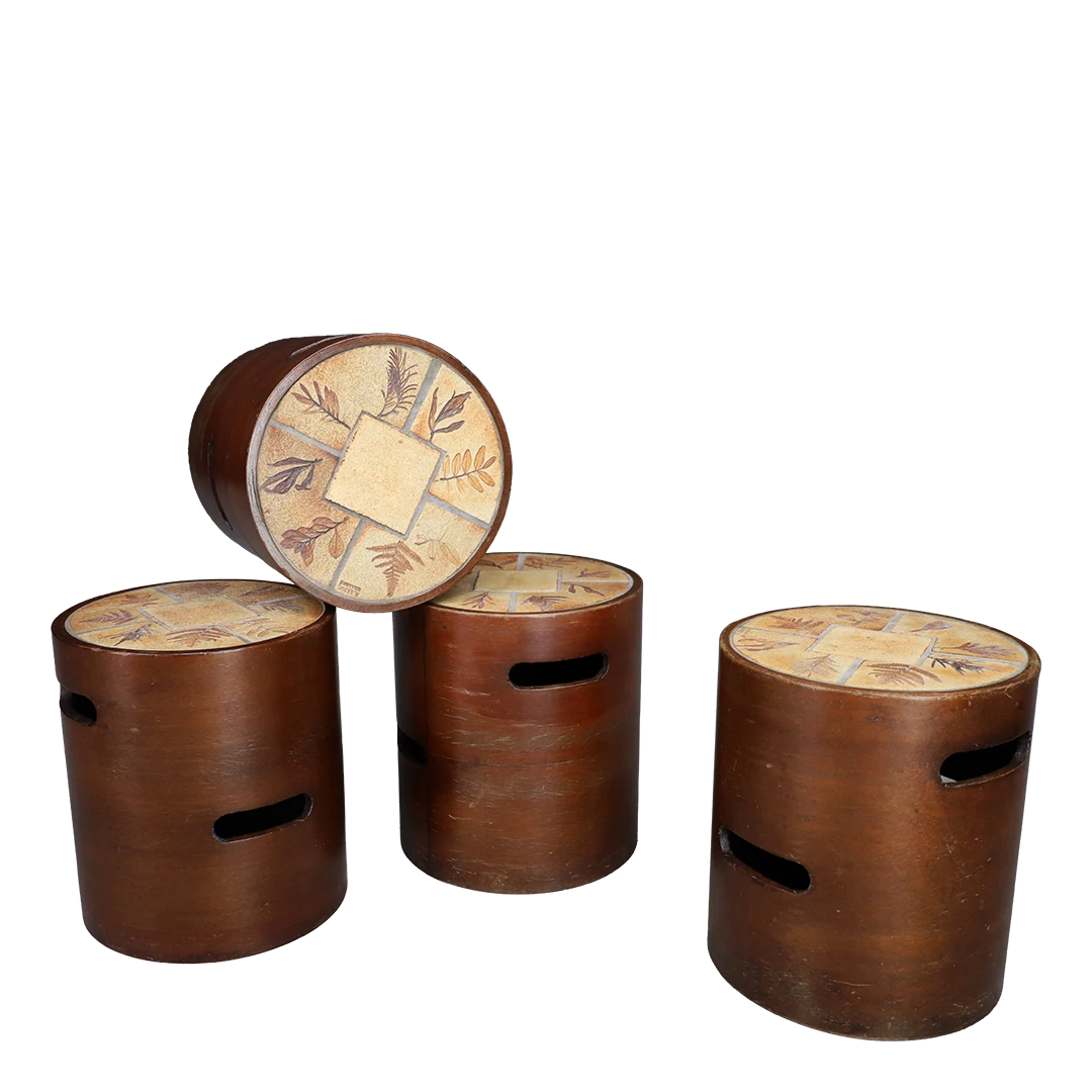 1960s Raymonde Leduc : bentwood cylinder stools w/ceramic tiles, France