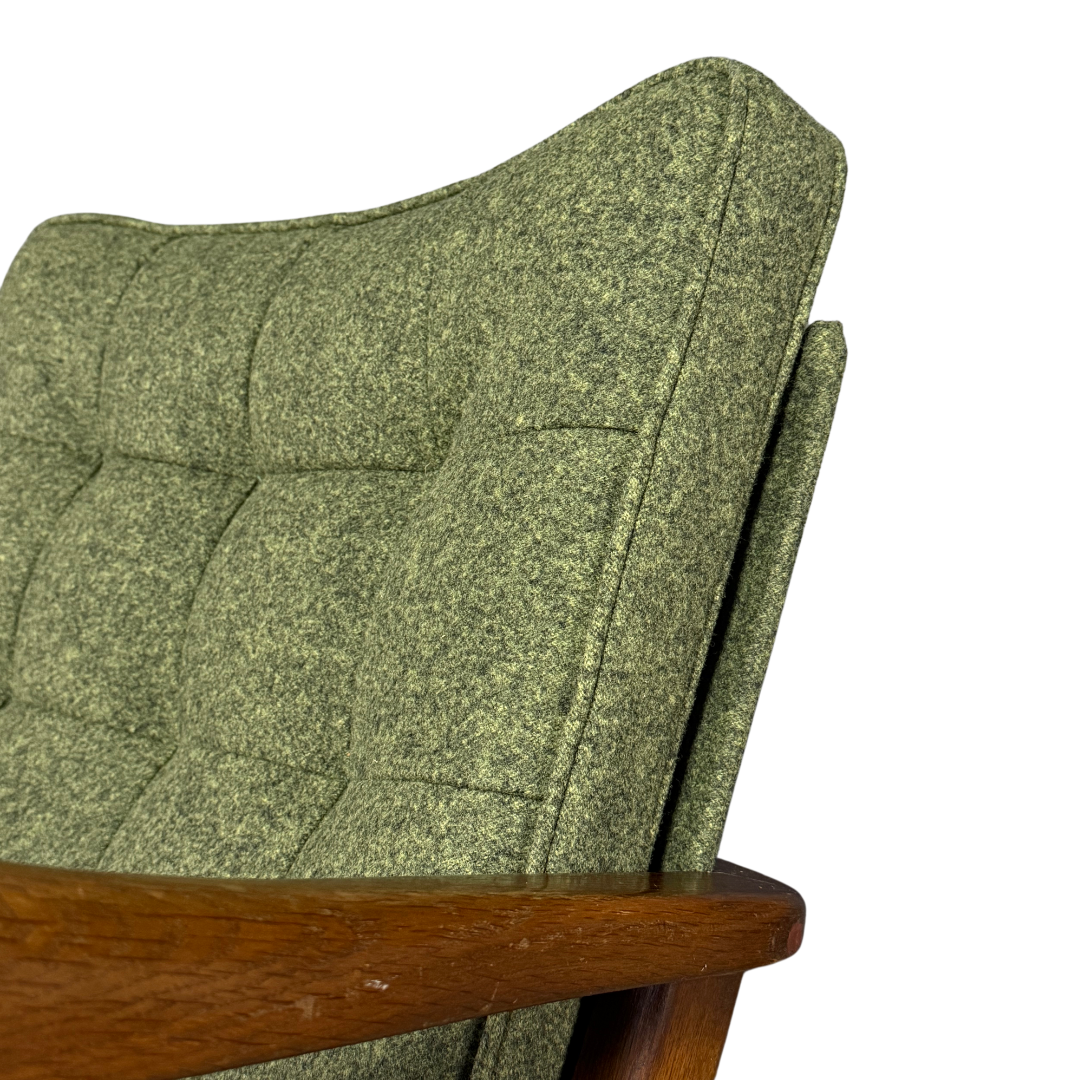 1950s French : dark stained oakwood lounge chair w/felted wool