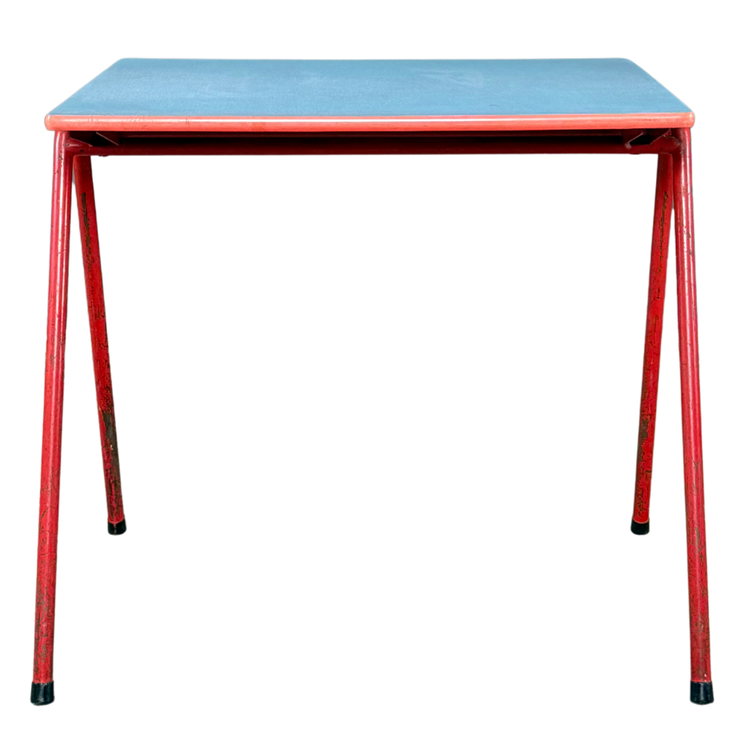 1950s French : pair small formica and lacquered steel school tables