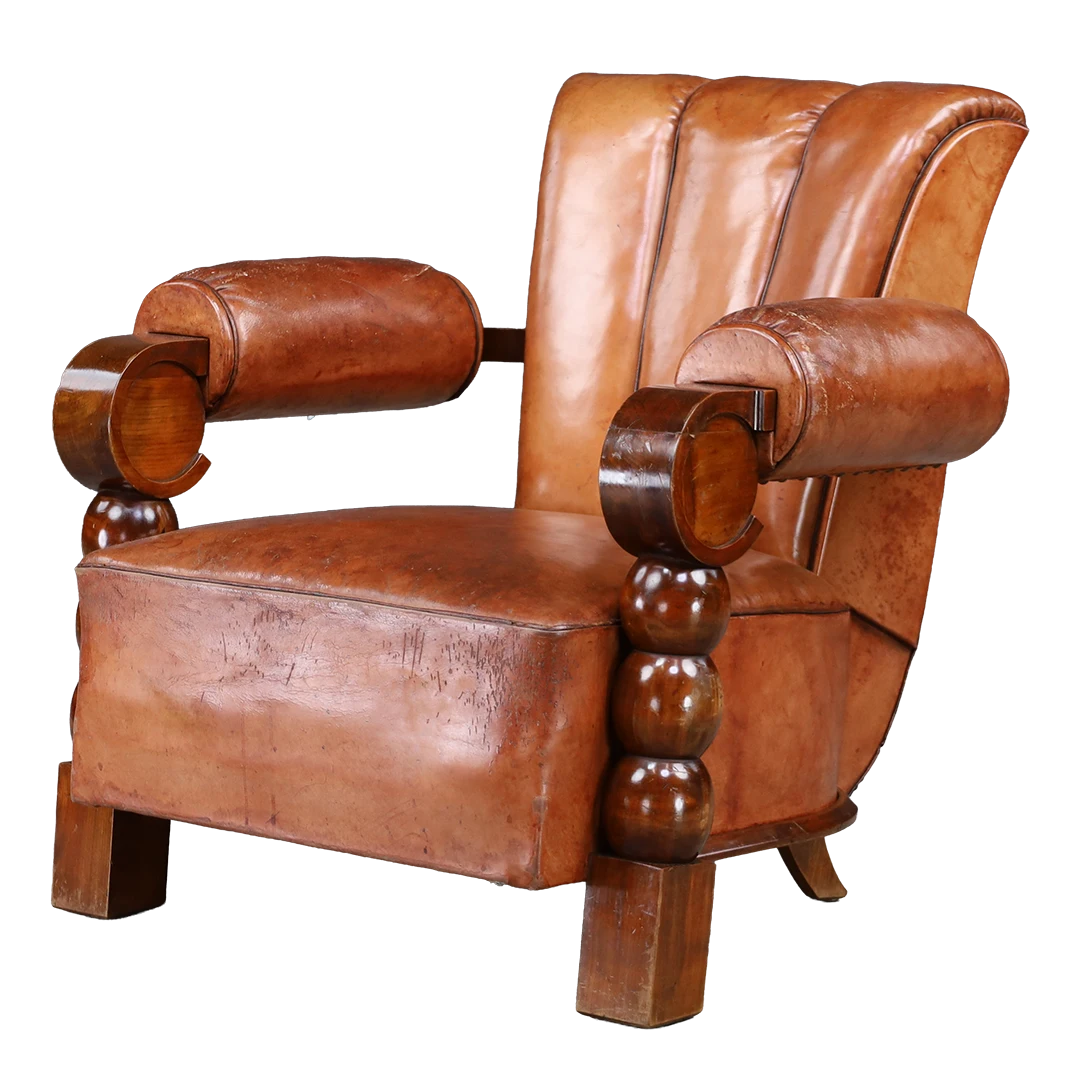 1930s Victor Courney : oversized leather Spanish Revival armchair