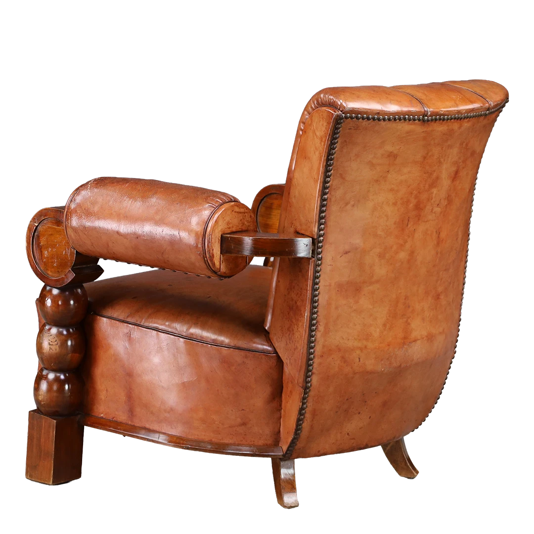 1930s Victor Courney : oversized leather Spanish Revival armchair
