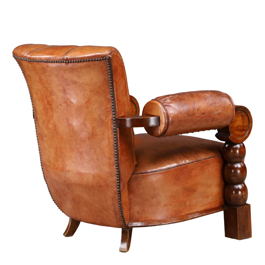 1930s Victor Courney : oversized leather Spanish Revival armchair