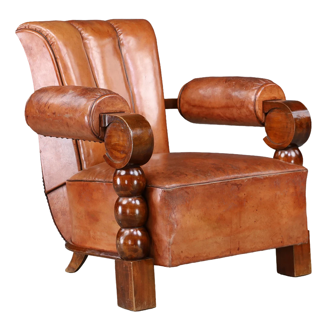 1930s Victor Courney : oversized leather Spanish Revival armchair