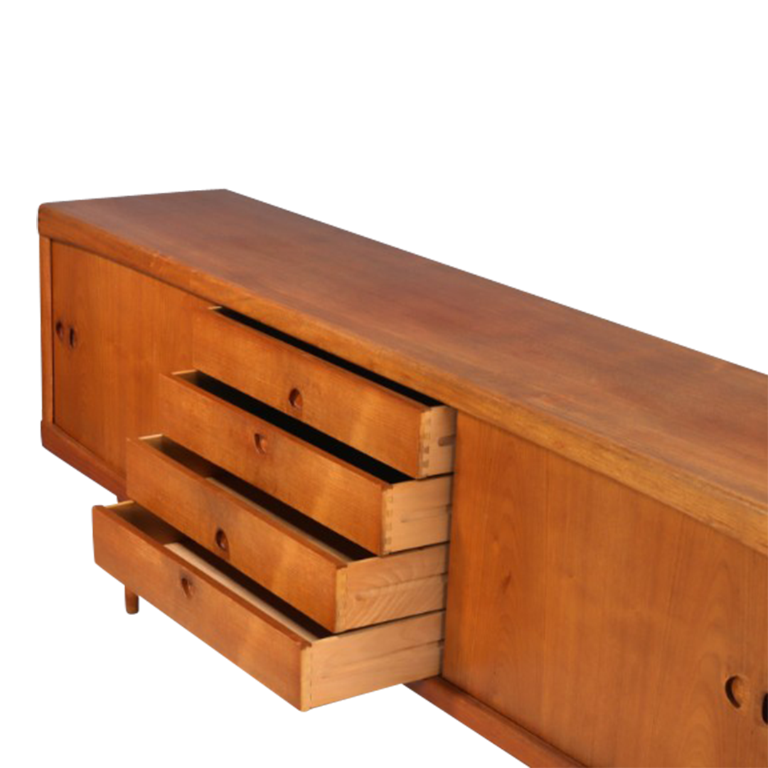 1950s H.W. Klein : 89" teakwood sideboard w/sliding doors