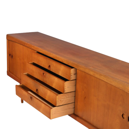 1950s H.W. Klein : 89" teakwood sideboard w/sliding doors