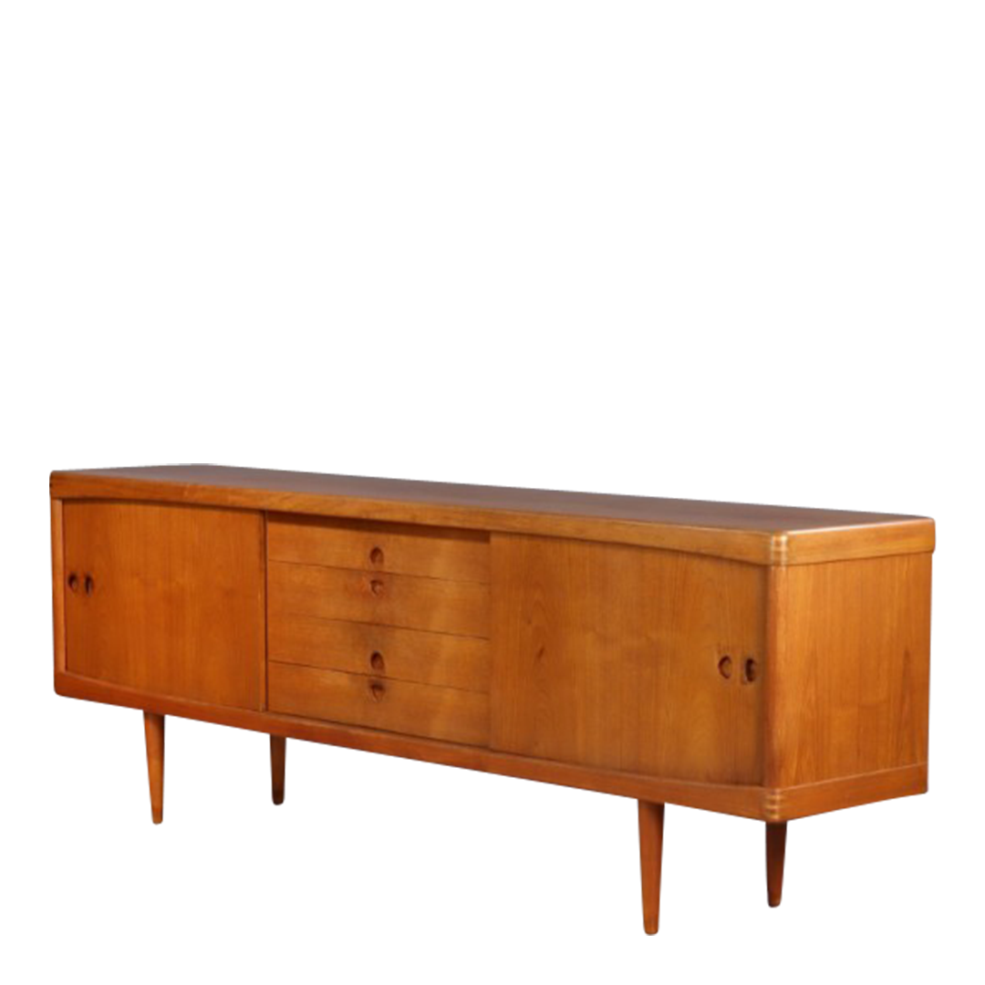 1950s H.W. Klein : 89" teakwood sideboard w/sliding doors