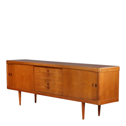 1950s H.W. Klein : 89" teakwood sideboard w/sliding doors