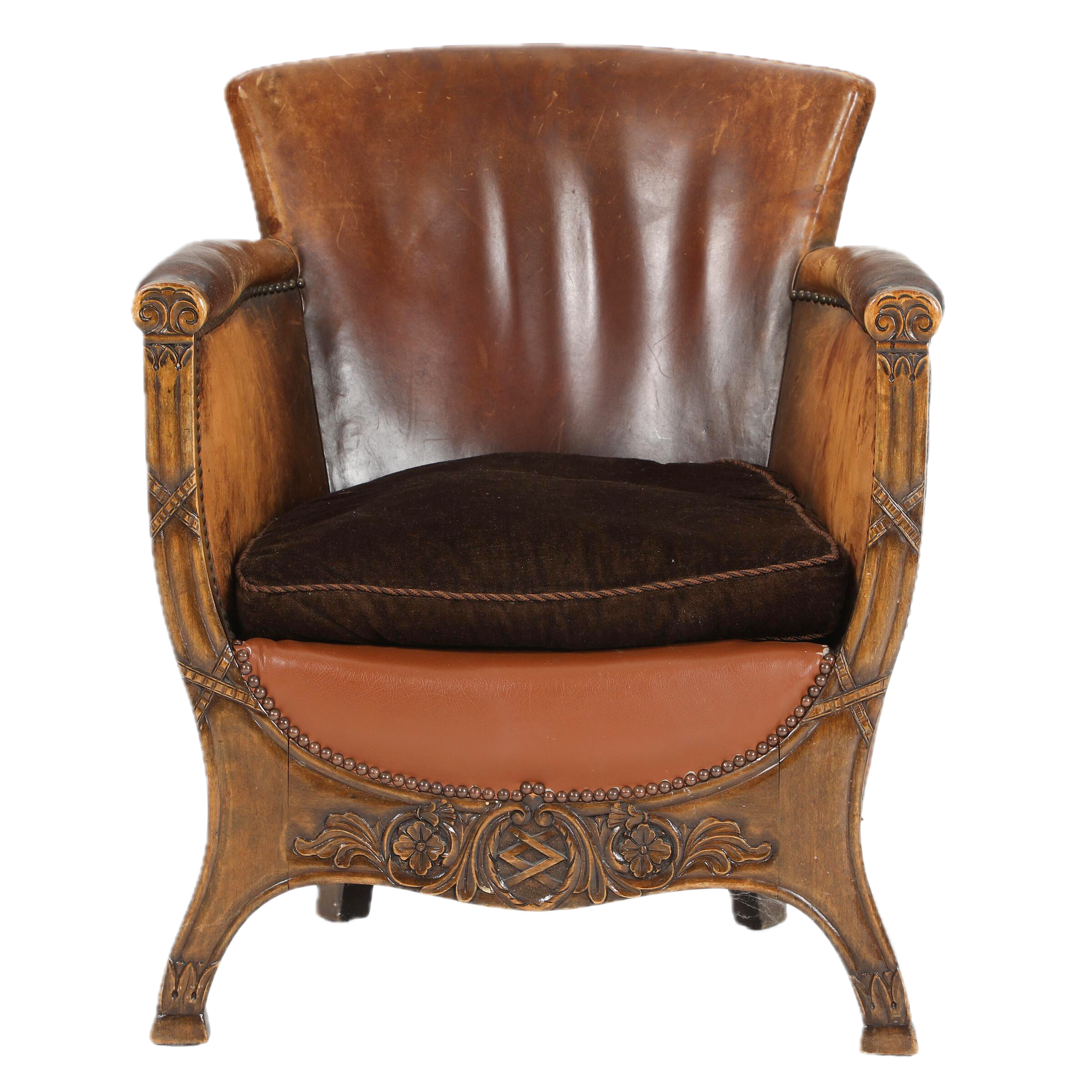 1920 German : Jugendstil Leather Club Chair w/carved motifs