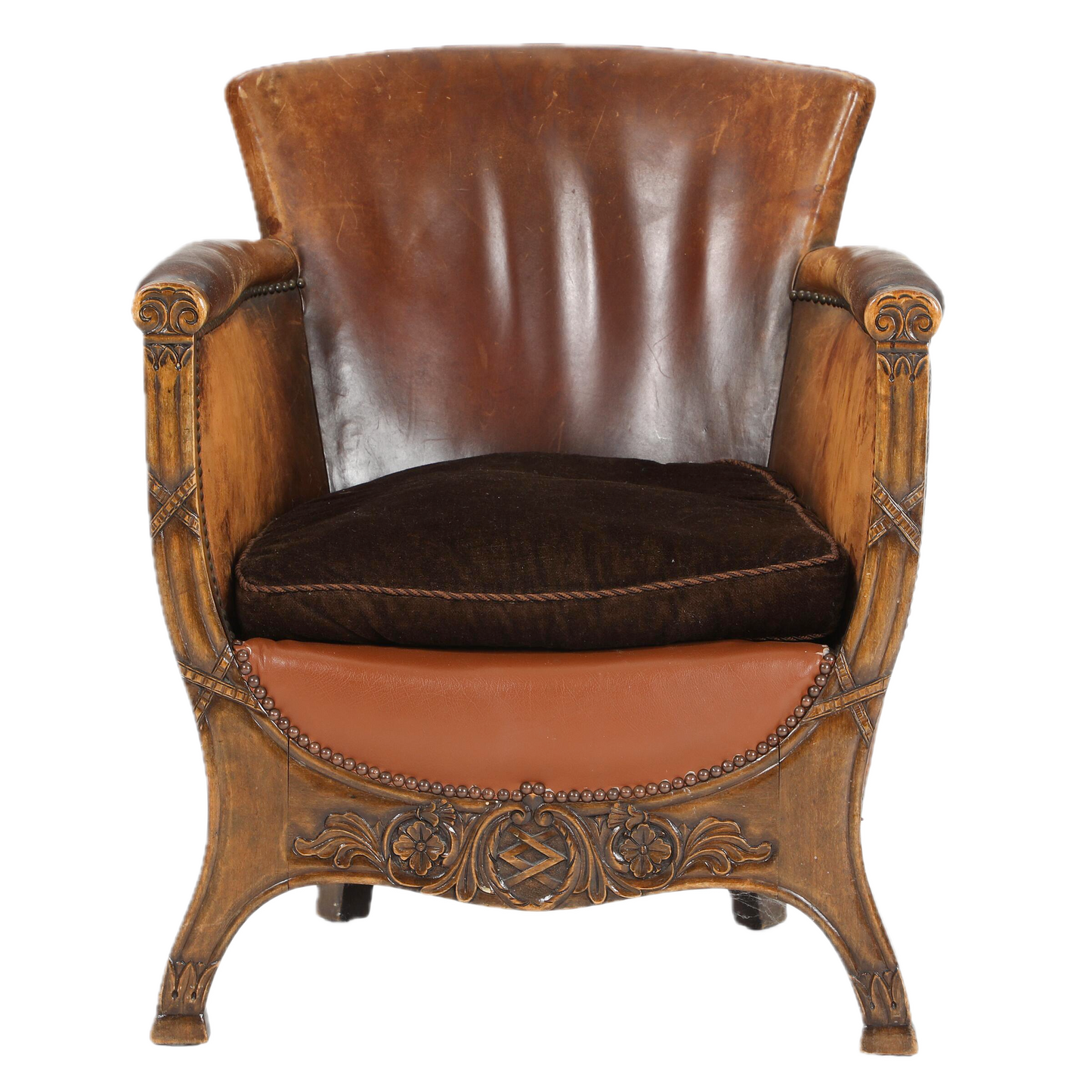 1920 German : Jugendstil Leather Club Chair w/carved motifs