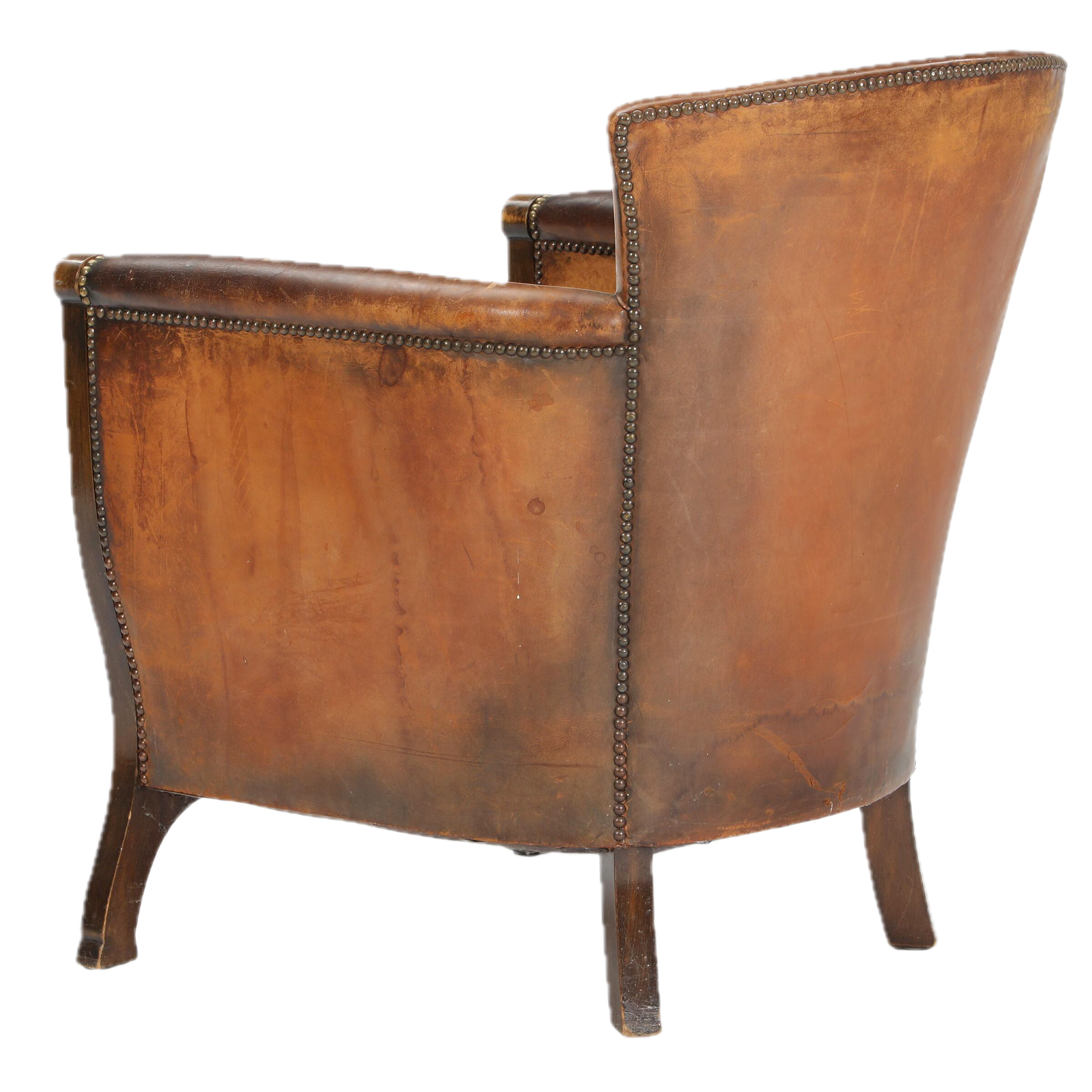 1920 German : Jugendstil Leather Club Chair w/carved motifs