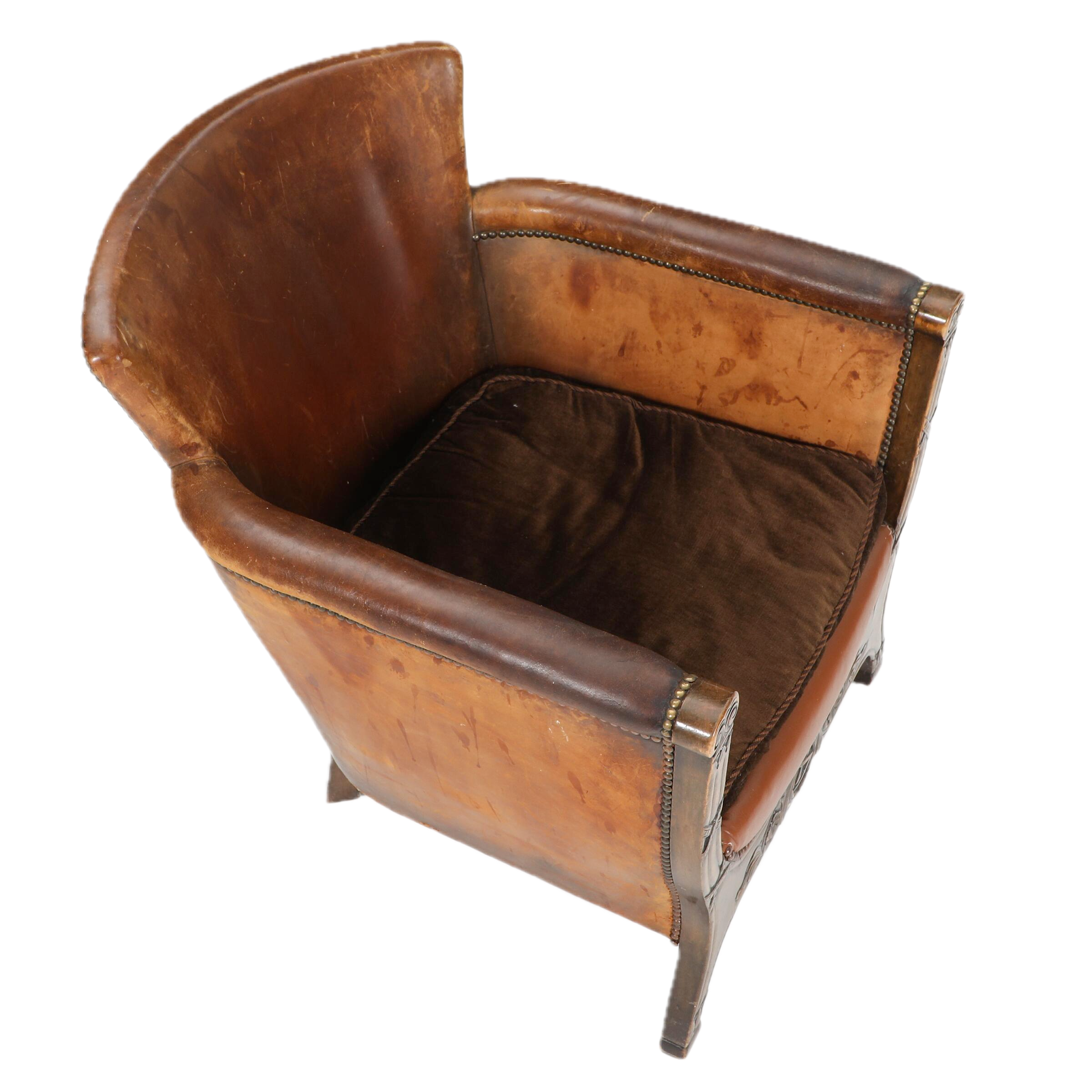1920 German : Jugendstil Leather Club Chair w/carved motifs
