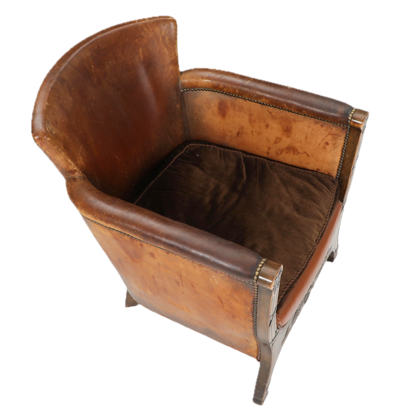 1920 German : Jugendstil Leather Club Chair w/carved motifs