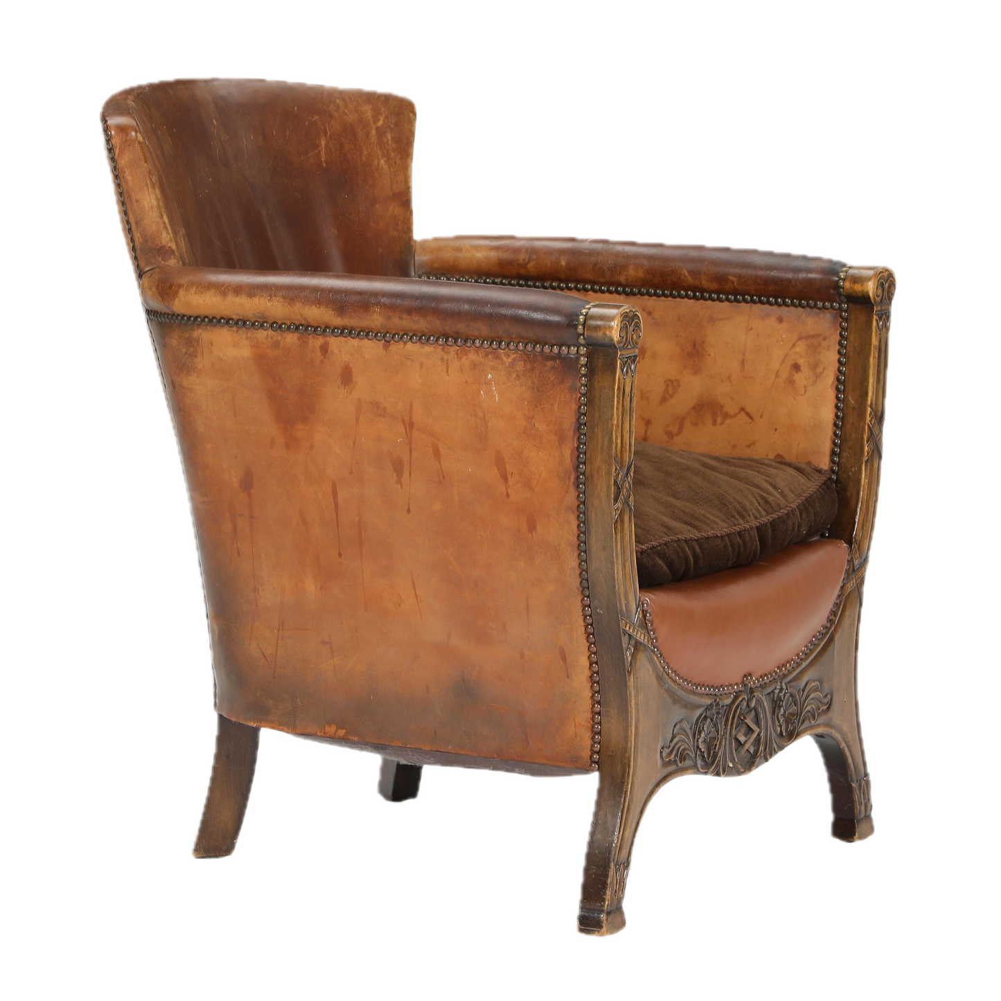 1920 German : Jugendstil Leather Club Chair w/carved motifs