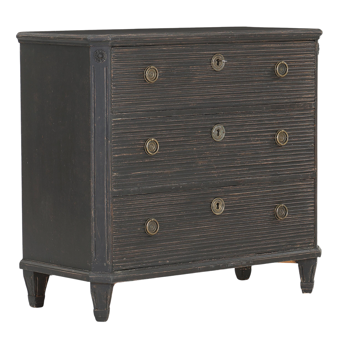 Early 1900s Swedish : black painted chest of drawers w/horizontal reeding