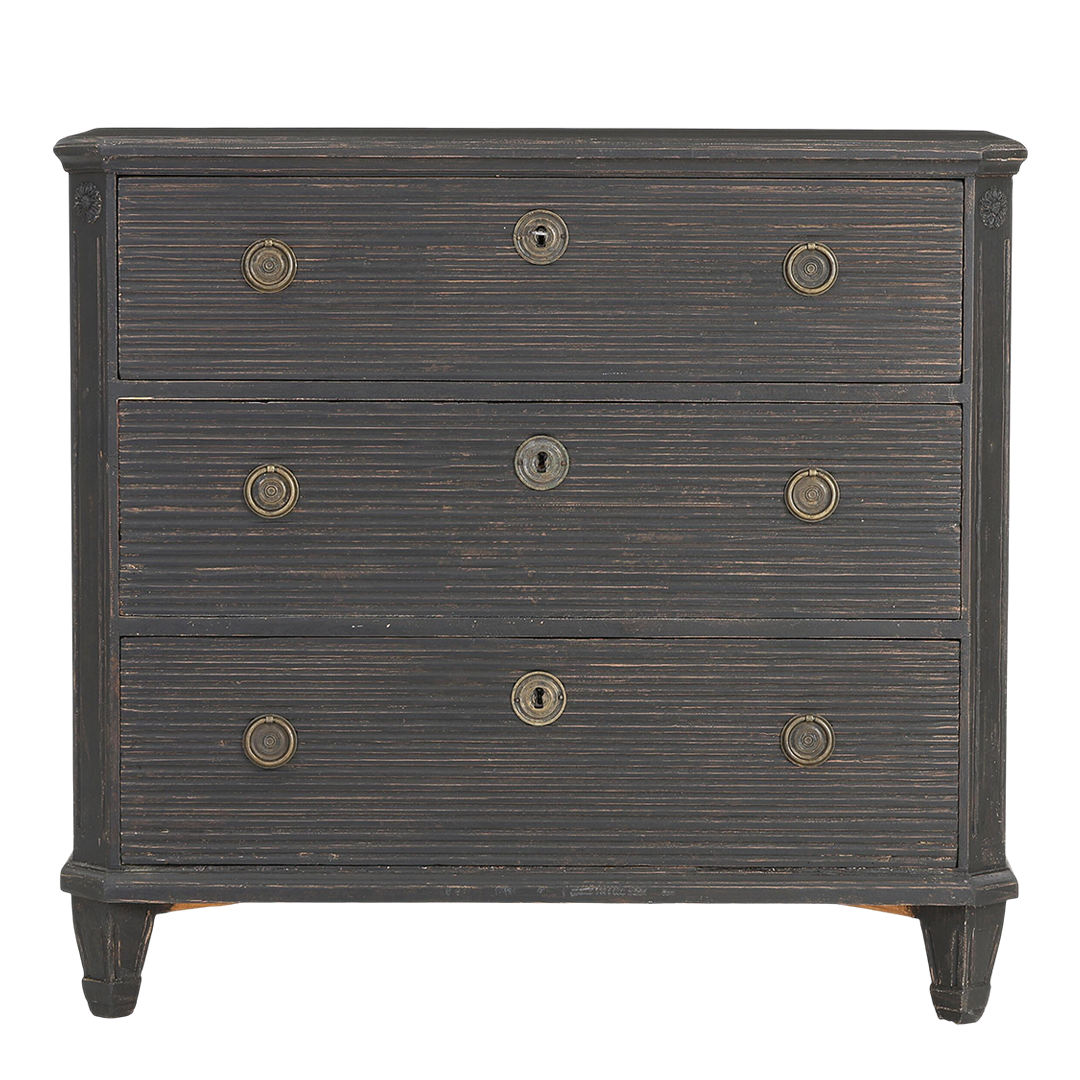 Early 1900s Swedish : black painted chest of drawers w/horizontal reeding