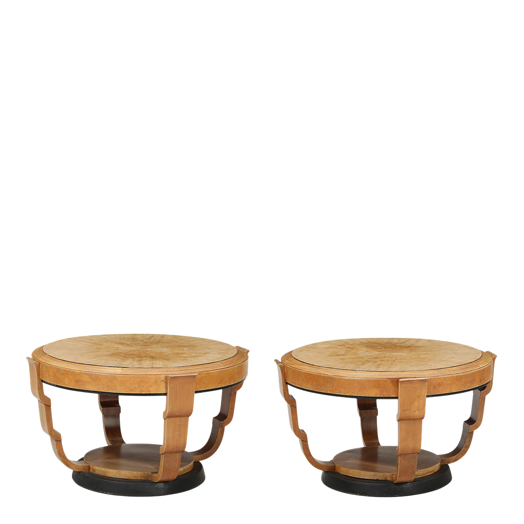 1930s European : round 38" Art Deco fruitwood coffee table