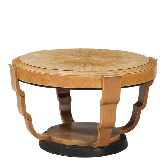 1930s European : round 38" Art Deco fruitwood coffee table