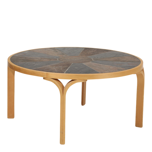 1970s Haslev Møbel : beechwood and patterned slate 43" coffee table