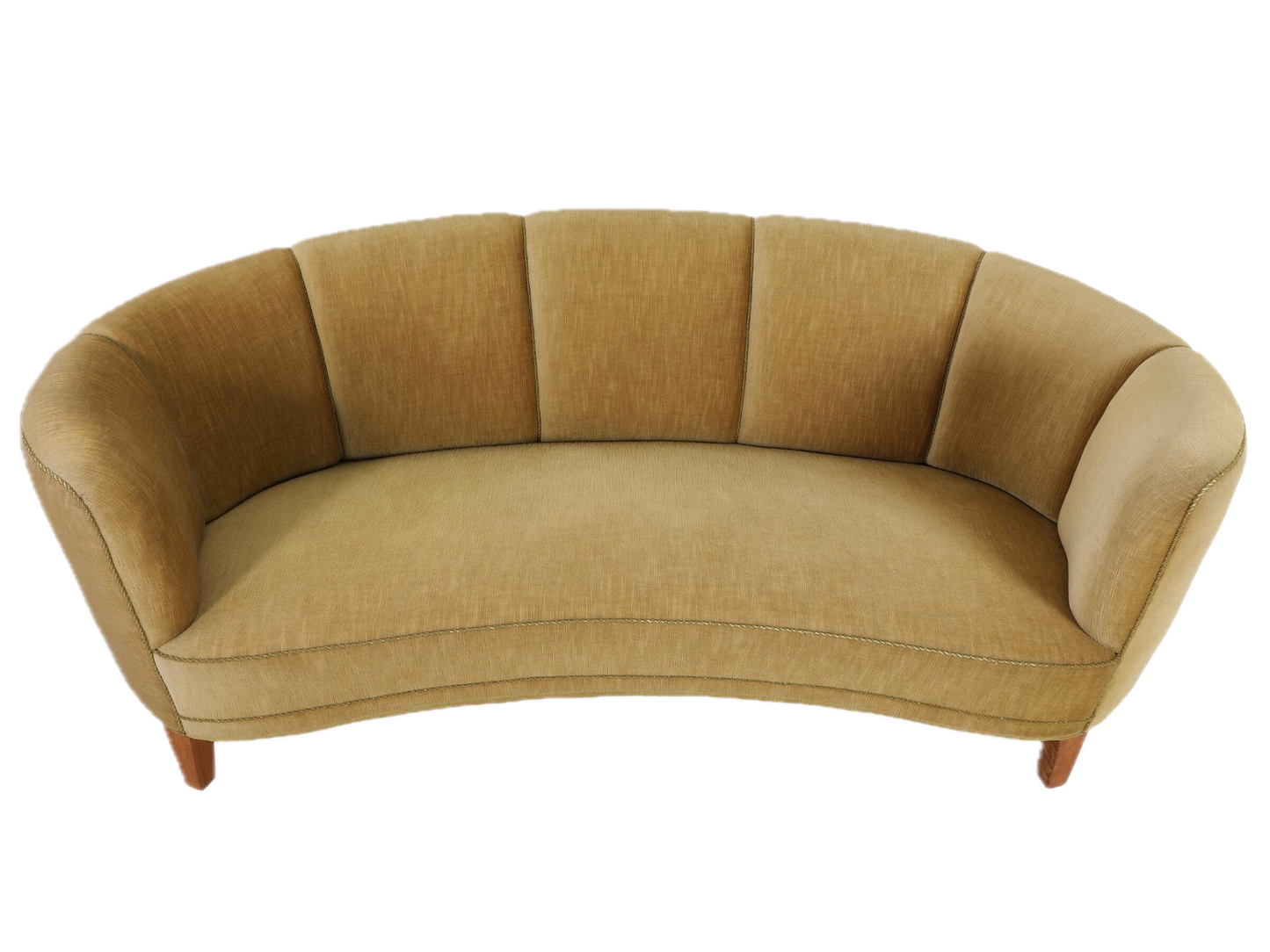 1940s Danish : classic channel back curved 30seat sofa, velvet