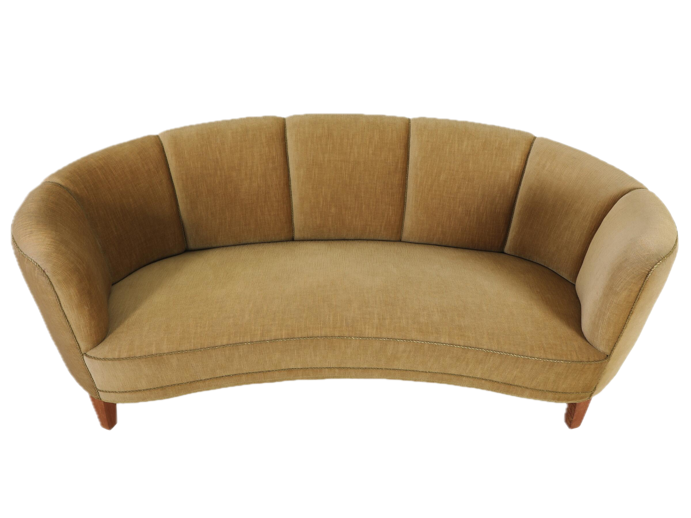 1940s Danish : classic channel back curved 30seat sofa, velvet